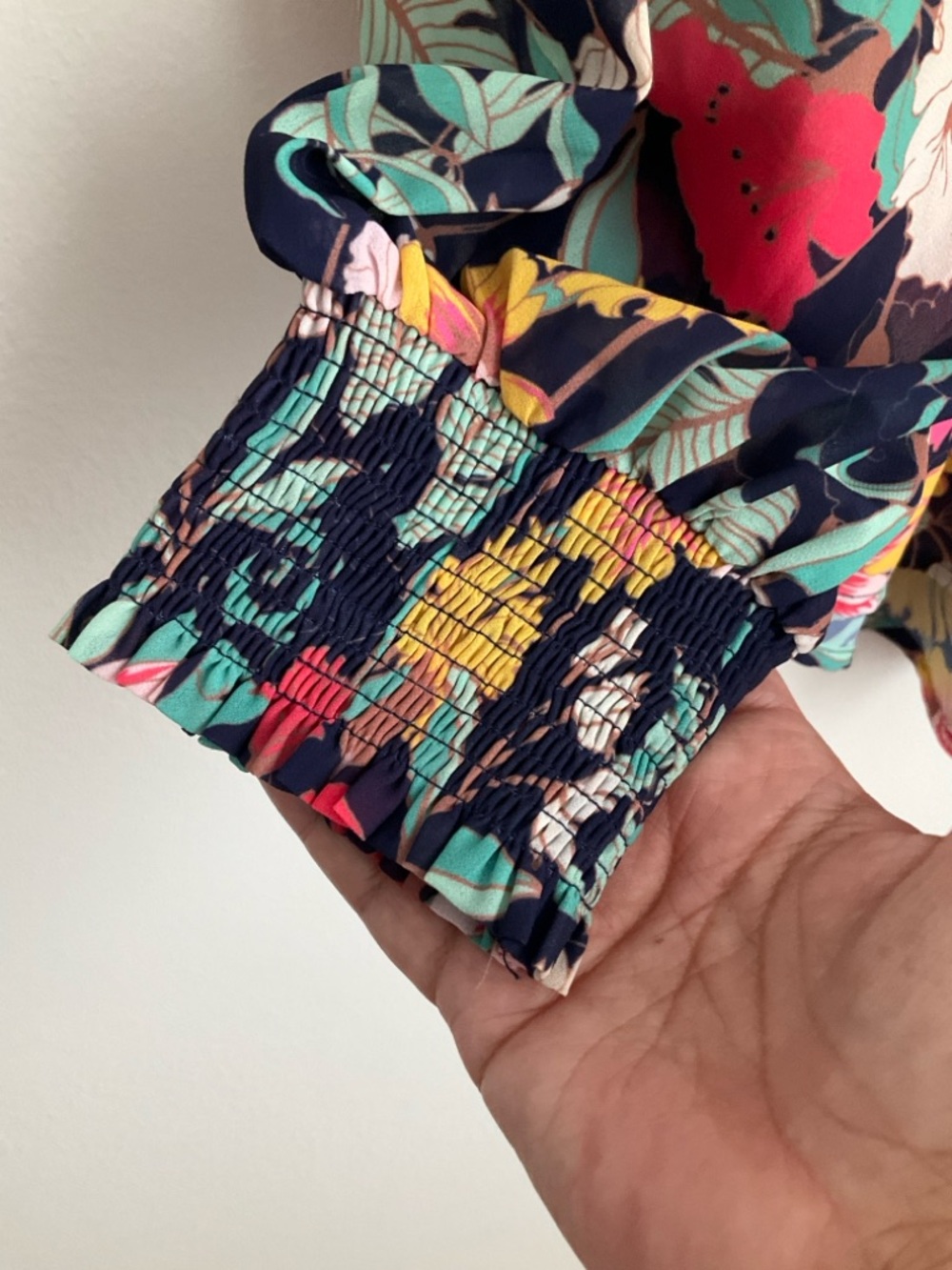 Umgee Medium Navy Floral Off-Shoulder Blouse with Pink, Yellow and Mint Accents - Picture 5 of 11